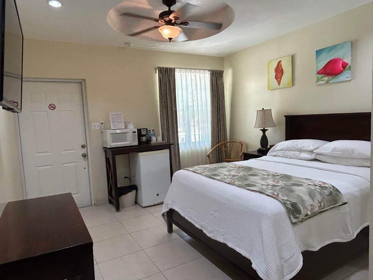 A bright hotel room with a queen-size bed, a ceiling fan, a wall-mounted TV, a mini-fridge and microwave station, and two tropical fish artworks.