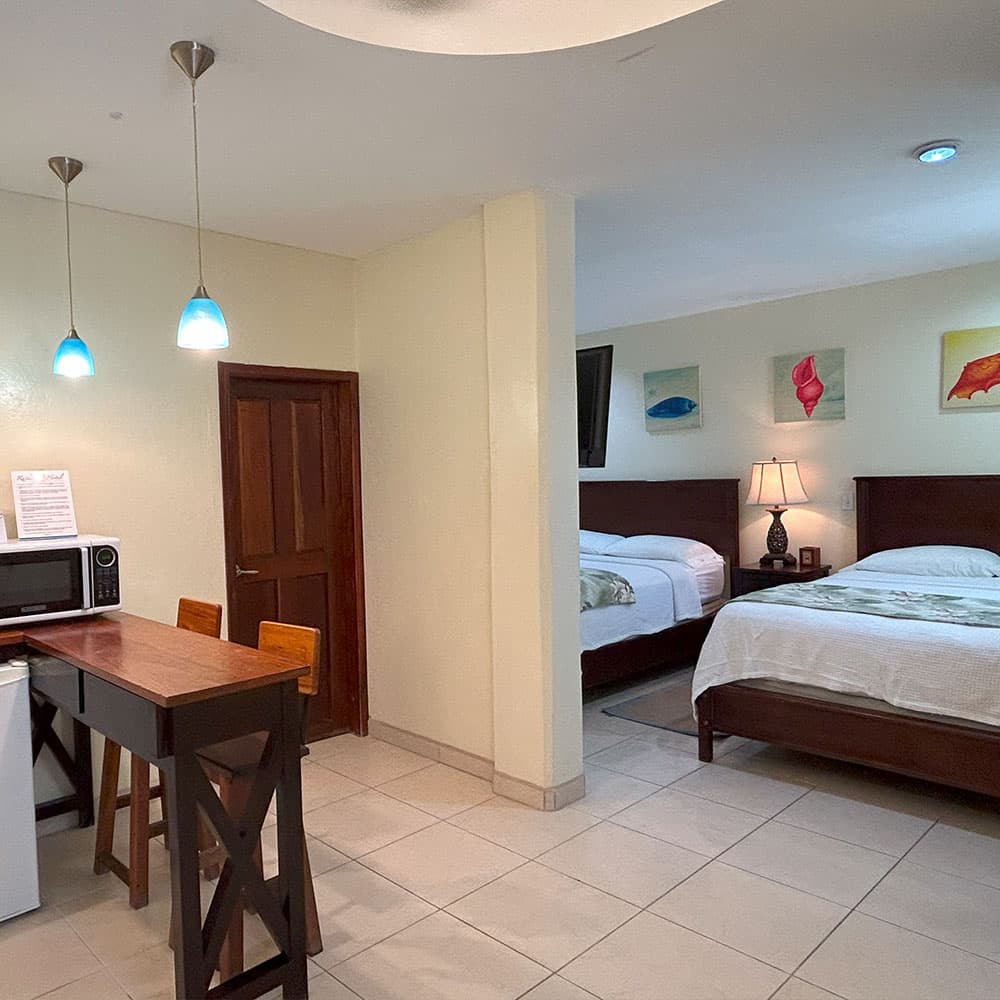 A cozy hotel room featuring two beds, a small kitchen area with a microwave, and colorful artwork on the walls.