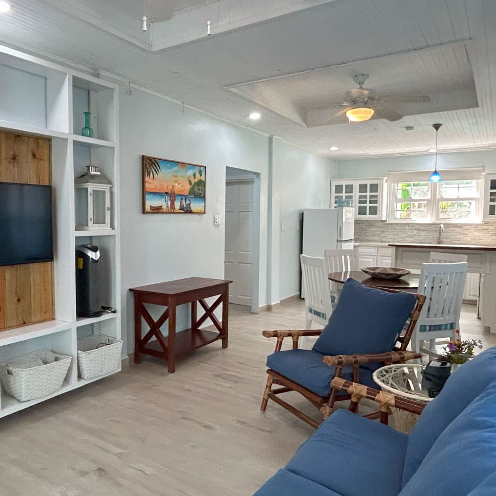 A modern living space featuring a blue-themed seating area, wooden furniture, and a kitchen visible in the background.