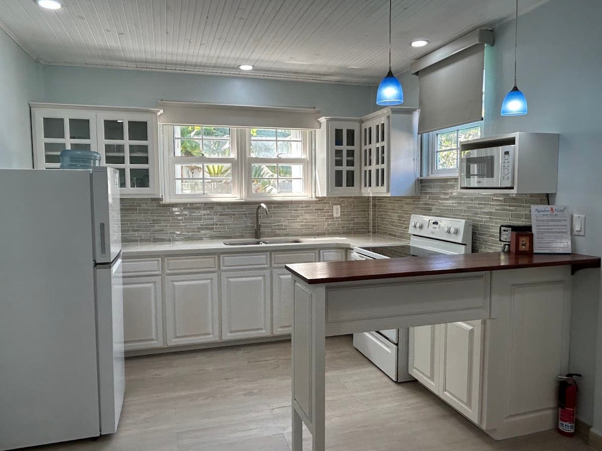 A well-equipped kitchen featuring white cabinets, modern appliances, a large window, a spacious countertop, and blue pendant lighting.